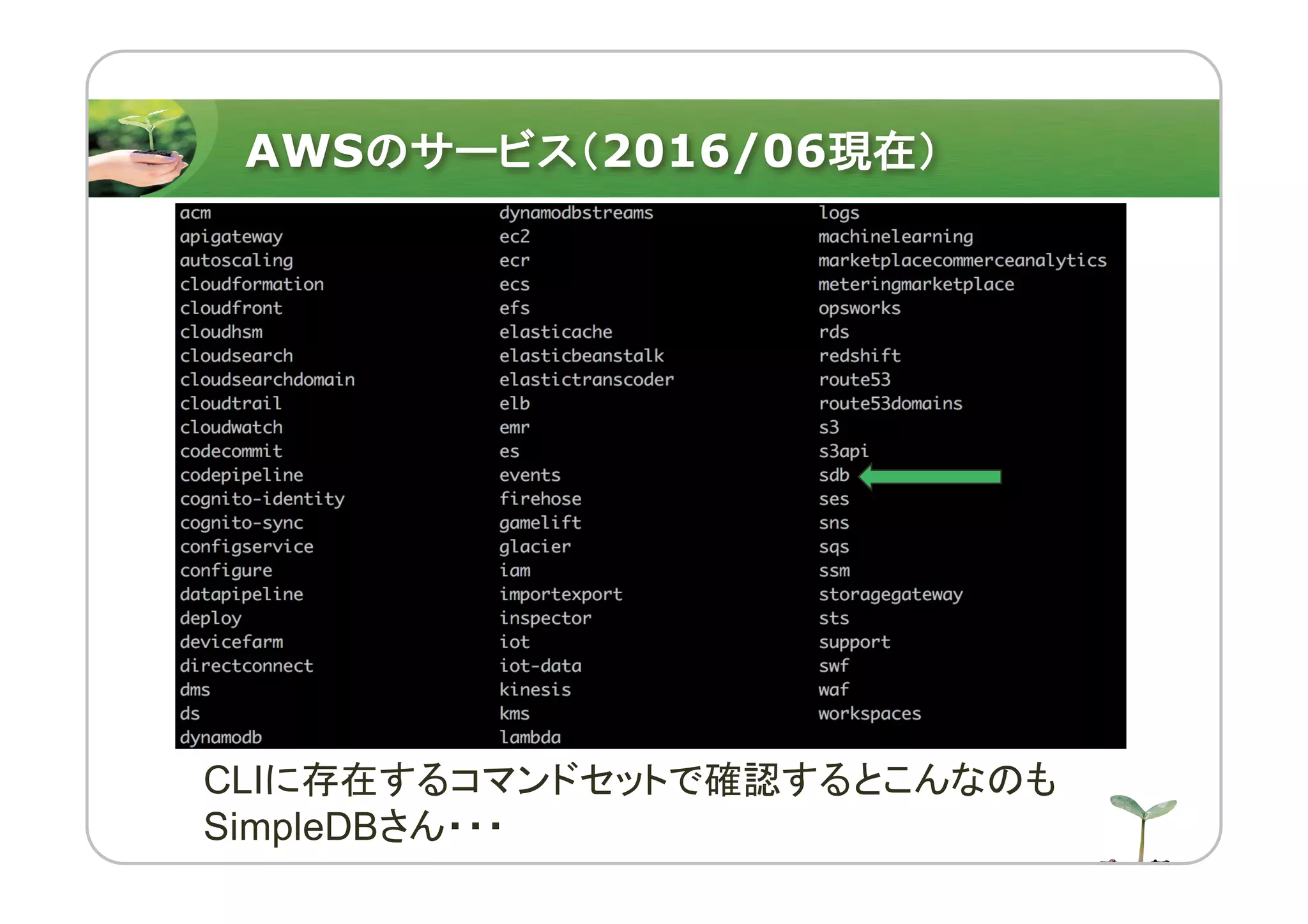 AWSのサービス（2016/06現在）
CLIに存在するコマンドセットで確認するとこんなのも
SimpleDBさん・・・
 