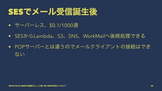 SESでメール受信誕生後
• サーバーレス、$0.1/1000通
• SESからLambda、S3、SNS、WorkMailへ後続処理できる
• POPサーバーとは違うのでメールクライアントの接続はでき
ない
2015/12/12 JAWS-UG福岡 ちょっと濃い目にAWSの話をしてみよう 33
 