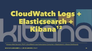 CloudWatch Logs +
Elasticsearch +
Kibana12
12
Amazon Web Services ブログ: CloudWatch Logs Subscription Consumer + Elasticsearch + Kibana Dashboards
2015/12/12 JAWS-UG福岡 ちょっと濃い目にAWSの話をしてみよう 45
 