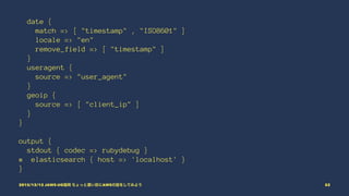 date {
match => [ "timestamp" , "ISO8601" ]
locale => "en"
remove_field => [ "timestamp" ]
}
useragent {
source => "user_agent"
}
geoip {
source => [ "client_ip" ]
}
}
output {
stdout { codec => rubydebug }
# elasticsearch { host => 'localhost' }
}
2015/12/12 JAWS-UG福岡 ちょっと濃い目にAWSの話をしてみよう 52
 