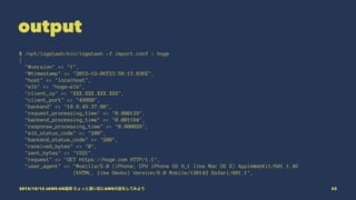 output
$ /opt/logstash/bin/logstash -f import.conf < hoge
{
"@version" => "1",
"@timestamp" => "2015-12-06T23:50:13.836Z",
"host" => "localhost",
"elb" => "hoge-elb",
"client_ip" => "XXX.XXX.XXX.XXX",
"client_port" => "49850",
"backend" => "10.0.49.37:80",
"request_processing_time" => "0.000129",
"backend_processing_time" => "0.001164",
"response_processing_time" => "0.000026",
"elb_status_code" => "200",
"backend_status_code" => "200",
"received_bytes" => "0",
"sent_bytes" => "1521",
"request" => "GET https://hoge.com HTTP/1.1",
"user_agent" => "Mozilla/5.0 (iPhone; CPU iPhone OS 9_1 like Mac OS X) AppleWebKit/601.1.46
(KHTML, like Gecko) Version/9.0 Mobile/13B143 Safari/601.1",
2015/12/12 JAWS-UG福岡 ちょっと濃い目にAWSの話をしてみよう 53
 