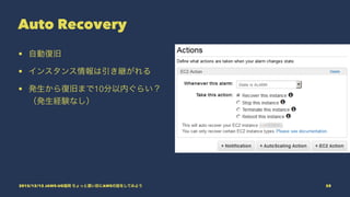 Auto Recovery
• 自動復旧
• インスタンス情報は引き継がれる
• 発生から復旧まで10分以内ぐらい？
（発生経験なし）
2015/12/12 JAWS-UG福岡 ちょっと濃い目にAWSの話をしてみよう 58
 