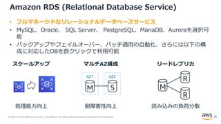 © 2020, Amazon Web Services, Inc. or its Affiliates. All rights reserved. Amazon Confidential and Trademark.
Amazon RDS (Relational Database Service)
• フルマネージドなリレーショナルデータベースサービス
• MySQL、Oracle、 SQL Server、 PostgreSQL、MariaDB、Auroraを選択可
能
• バックアップやフェイルオーバー、パッチ適用の自動化、さらには以下の構
成に対応したDBを数クリックで利用可能
スケールアップ マルチAZ構成 リードレプリカ
AZ1 AZ2
耐障害性向上 読み込みの負荷分散処理能力向上
20
 