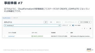 © 2020, Amazon Web Services, Inc. or its Affiliates. All rights reserved. Amazon Confidential and Trademark.
事前準備 #7
以下のように、CloudFormationの管理画面にてステータスが CREATE_COMPLETE になってい
れば準備完了です。
24
 