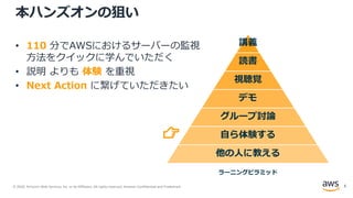 © 2020, Amazon Web Services, Inc. or its Affiliates. All rights reserved. Amazon Confidential and Trademark.
本ハンズオンの狙い
• 110 分でAWSにおけるサーバーの監視
方法をクイックに学んでいただく
• 説明 よりも 体験 を重視
• Next Action に繋げていただきたい
ラーニングピラミッド
👉
講義
読書
視聴覚
デモ
グループ討論
自ら体験する
他の人に教える
3
 