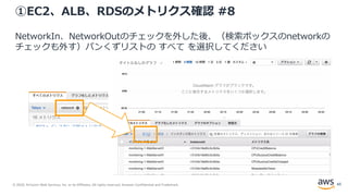 © 2020, Amazon Web Services, Inc. or its Affiliates. All rights reserved. Amazon Confidential and Trademark.
①EC2、ALB、RDSのメトリクス確認 #8
NetworkIn、NetworkOutのチェックを外した後、（検索ボックスのnetworkの
チェックも外す）パンくずリストの すべて を選択してください
43
 