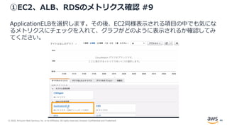 © 2020, Amazon Web Services, Inc. or its Affiliates. All rights reserved. Amazon Confidential and Trademark.
①EC2、ALB、RDSのメトリクス確認 #9
ApplicationELBを選択します。その後、EC2同様表示される項目の中でも気にな
るメトリクスにチェックを入れて、グラフがどのように表示されるか確認してみ
てください。
44
 