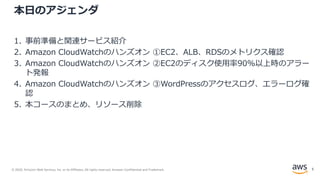 © 2020, Amazon Web Services, Inc. or its Affiliates. All rights reserved. Amazon Confidential and Trademark.
本日のアジェンダ
1. 事前準備と関連サービス紹介
2. Amazon CloudWatchのハンズオン ①EC2、ALB、RDSのメトリクス確認
3. Amazon CloudWatchのハンズオン ②EC2のディスク使用率90%以上時のアラー
ト発報
4. Amazon CloudWatchのハンズオン ③WordPressのアクセスログ、エラーログ確
認
5. 本コースのまとめ、リソース削除
5
 