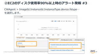 © 2020, Amazon Web Services, Inc. or its Affiliates. All rights reserved. Amazon Confidential and Trademark.
②EC2のディスク使用率90%以上時のアラート発報 #3
CWAgent > ImageId.InstanceId.InstanceType.device.fstype…
を選択します。
60
 
