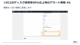 © 2020, Amazon Web Services, Inc. or its Affiliates. All rights reserved. Amazon Confidential and Trademark.
②EC2のディスク使用率90%以上時のアラート発報 #6
期間を 15分 間隔に変更します
63
 