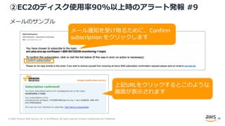 © 2020, Amazon Web Services, Inc. or its Affiliates. All rights reserved. Amazon Confidential and Trademark.
②EC2のディスク使用率90%以上時のアラート発報 #9
メールのサンプル
メール通知を受け取るために、Confirm
subscription をクリックします
66
上記URLをクリックするとこのような
画面が表示されます
 