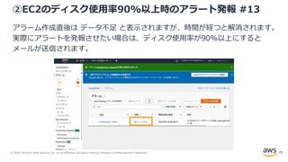 © 2020, Amazon Web Services, Inc. or its Affiliates. All rights reserved. Amazon Confidential and Trademark.
②EC2のディスク使用率90%以上時のアラート発報 #13
アラーム作成直後は データ不足 と表示されますが、時間が経つと解消されます。
実際にアラートを発報させたい場合は、ディスク使用率が90%以上にすると
メールが送信されます。
70
 