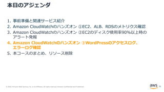 © 2020, Amazon Web Services, Inc. or its Affiliates. All rights reserved. Amazon Confidential and Trademark.
本日のアジェンダ
1. 事前準備と関連サービス紹介
2. Amazon CloudWatchのハンズオン ①EC2、ALB、RDSのメトリクス確認
3. Amazon CloudWatchのハンズオン ②EC2のディスク使用率90%以上時の
アラート発報
4. Amazon CloudWatchのハンズオン ③WordPressのアクセスログ、
エラーログ確認
5. 本コースのまとめ、リソース削除
73
 