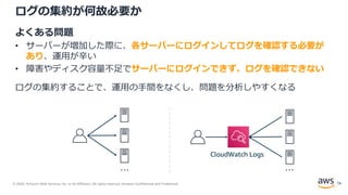 © 2020, Amazon Web Services, Inc. or its Affiliates. All rights reserved. Amazon Confidential and Trademark.
ログの集約が何故必要か
よくある問題
• サーバーが増加した際に、各サーバーにログインしてログを確認する必要が
あり、運用が辛い
• 障害やディスク容量不足でサーバーにログインできず、ログを確認できない
ログの集約することで、運用の手間をなくし、問題を分析しやすくなる
CloudWatch Logs
… …
74
 