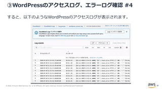 © 2020, Amazon Web Services, Inc. or its Affiliates. All rights reserved. Amazon Confidential and Trademark.
③WordPressのアクセスログ、エラーログ確認 #4
すると、以下のようなWordPressのアクセスログが表示されます。
81
 