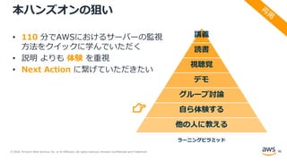 © 2020, Amazon Web Services, Inc. or its Affiliates. All rights reserved. Amazon Confidential and Trademark.
本ハンズオンの狙い
• 110 分でAWSにおけるサーバーの監視
方法をクイックに学んでいただく
• 説明 よりも 体験 を重視
• Next Action に繋げていただきたい
ラーニングピラミッド
👉
講義
読書
視聴覚
デモ
グループ討論
自ら体験する
他の人に教える
96
 