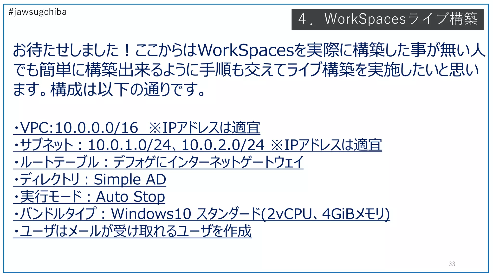 #jawsugchiba
４．WorkSpacesライブ構築
お待たせしました！ここからはWorkSpacesを実際に構築した事が無い人
でも簡単に構築出来るように手順も交えてライブ構築を実施したいと思い
ます。構成は以下の通りです。
・VPC:10.0.0.0/16 ※IPアドレスは適宜
・サブネット：10.0.1.0/24、10.0.2.0/24 ※IPアドレスは適宜
・ルートテーブル：デフォゲにインターネットゲートウェイ
・ディレクトリ：Simple AD
・実行モード：Auto Stop
・バンドルタイプ：Windows10 スタンダード(2vCPU、4GiBメモリ)
・ユーザはメールが受け取れるユーザを作成
33
 