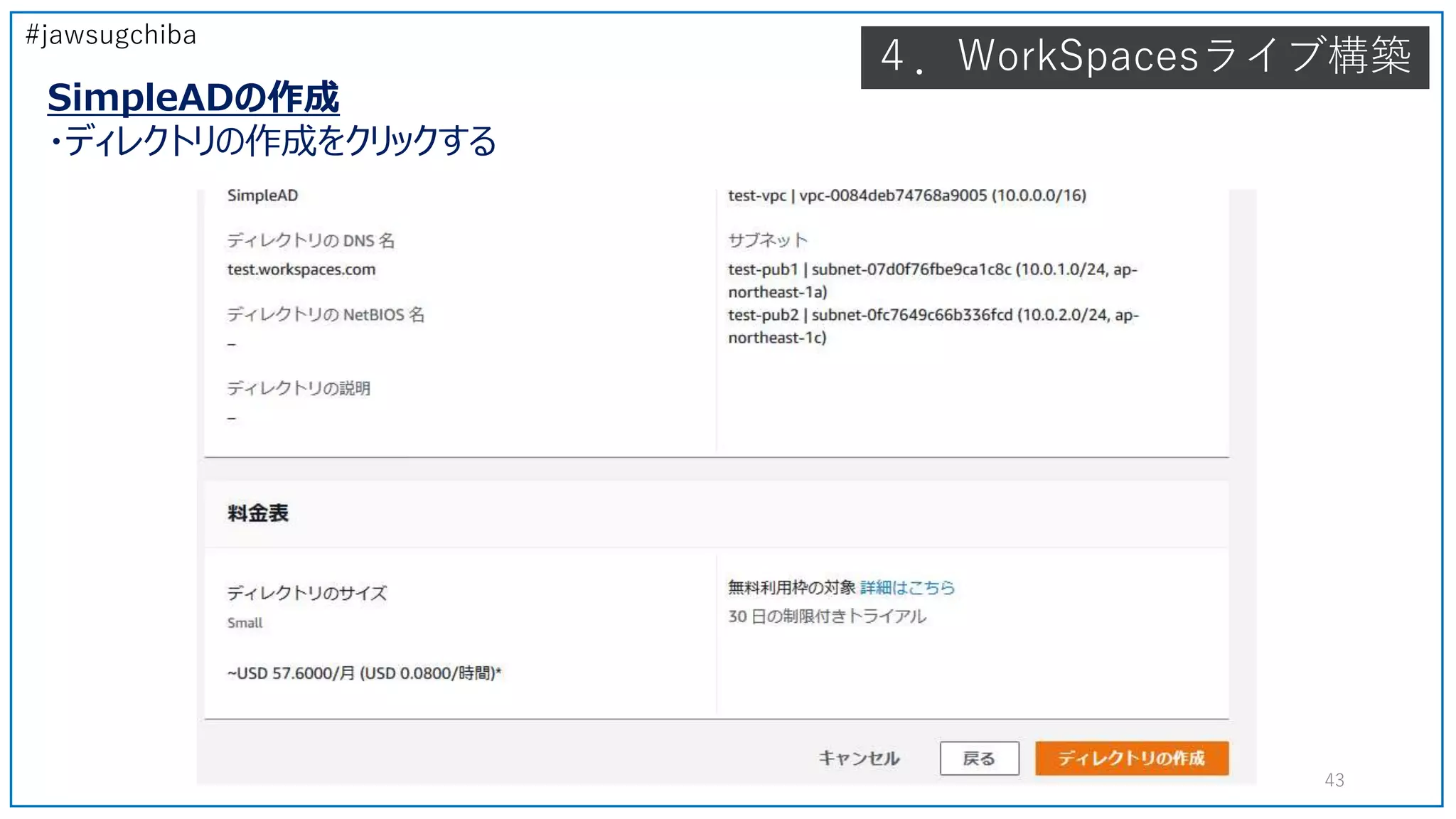 #jawsugchiba
４．WorkSpacesライブ構築
SimpleADの作成
・ディレクトリの作成をクリックする
43
 