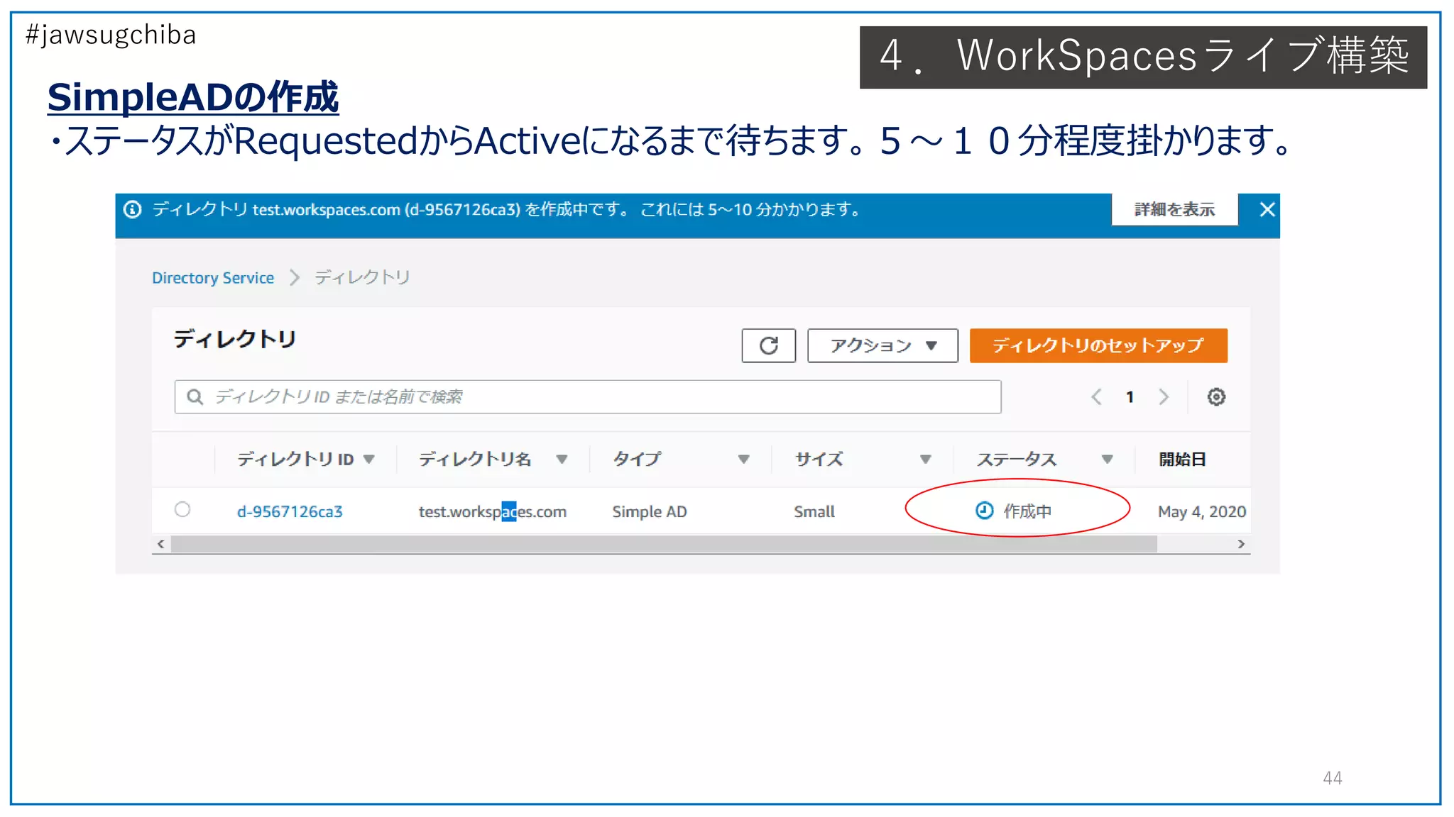 #jawsugchiba
４．WorkSpacesライブ構築
SimpleADの作成
・ステータスがRequestedからActiveになるまで待ちます。５～１０分程度掛かります。
44
 