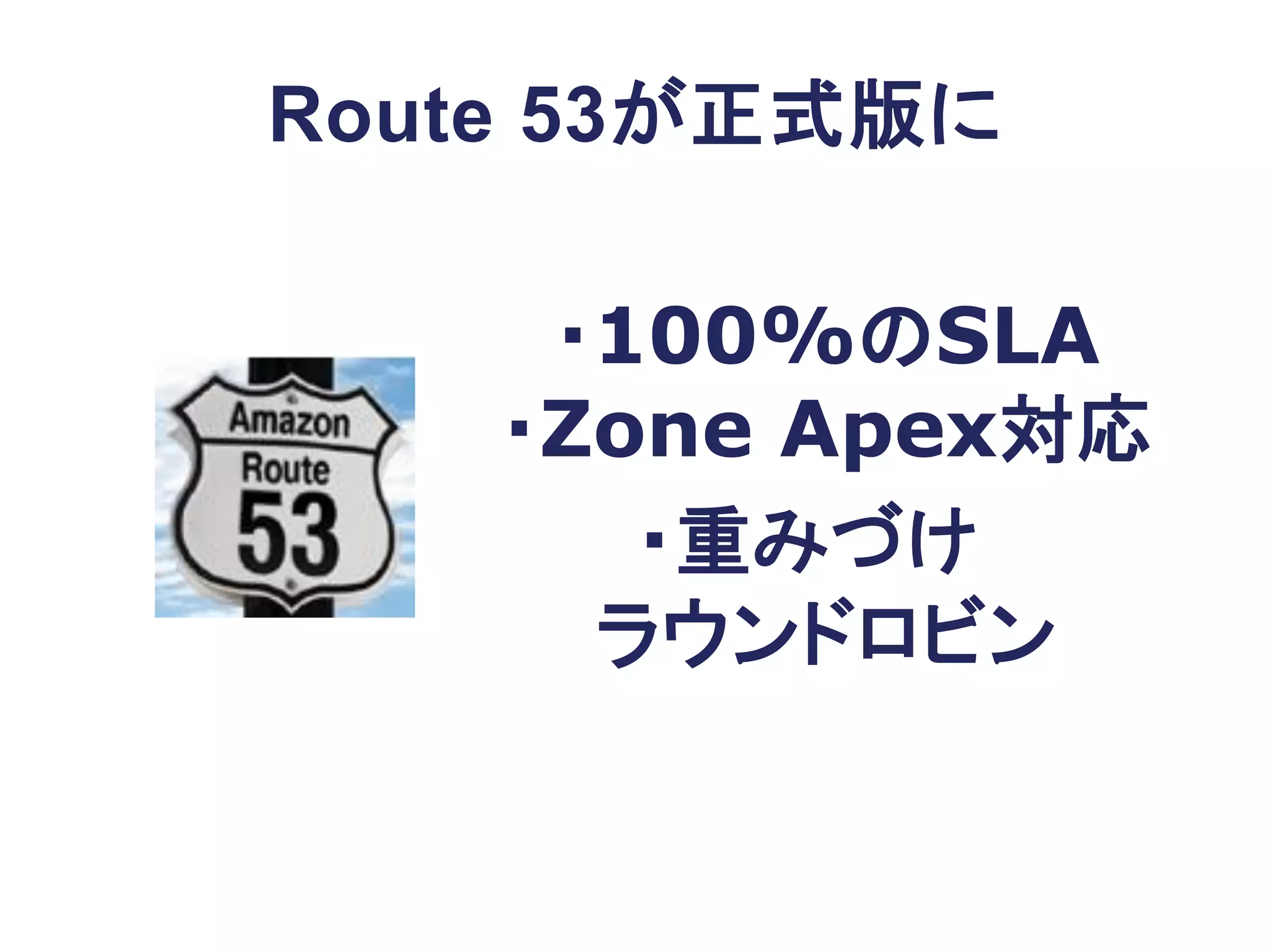 Route 53が正式版に

     ・100%のSLA
    ・Zone Apex対応
       ・重みづけ
      ラウンドロビン
 