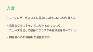 ํ਑
• ϚΠΫϩαʔϏε͝ͱʹॱ࣍ECS͔ΒEKSʹ੾Γସ͑Δ
• ‫׬‬ᘳͳΫϥελΛ͍͖ͳΓ࡞ΔͷͰ͸ͳ͘ɺ 
ϑΣʔζΛ੾ͬͯॱ൪ʹΫϥελͷ‫׬‬੒౓ΛߴΊ͍ͯ͘
• ։ൃऀ΁ͷ஌ࣝҠసΛ࠷ॏࢹ͢Δ
 