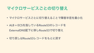 ϚΠΫϩαʔϏε͝ͱͷ੾Γସ͑
• ϚΠΫϩαʔϏε͝ͱʹ੾Γସ͑Δ͜ͱͰো֐൒‫ܘ‬Λ࠷খԽ
• ALB + ECSΛࢦ͍ͯ͠ΔRoute53ͷϨίʔυΛ 
ExternalDNS഑ԼʹҠ͠Route53Ͱ੾Γସ͑
• ੾Γ໭͠͸Route53ϨίʔυΛ΋ͱʹ໭͢
 