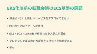 EKSԽҎલͷస৬ձٞͷECS‫ج‬൫ͷ՝୊
• SRE͕͍ͳ͍ͱ৽͍͠αʔϏεΛσϓϩΠͰ͖ͳ͍
• ECSͷσϓϩΠπʔϧ͕ಠࣗ
• ECSɾEC2ɾLambdaͰ࡞ΒΕͨγεςϜ͕ࠞࡏ
• ΫϨσϯγϟϧͷѻ͍ํ͕ηΩϡϦςΟ্໰୊͕͋Δ
• ౳ʑ
 