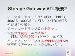Storage Gateway VTL概要2
• テープカードリッジは100GB、200GB、
400GB、800GB、1.5TB、2.5TBの6通り
の容量から選択
• テープカードリッジ数の上限なし！
• 料金は従量制！かつ破格！
→1TB月額約1200円+ゲートウェイ代
• バックアップデータは99.999999999%の
堅牢性でデータロストの心配いらず。
classmethod.jp

9

 