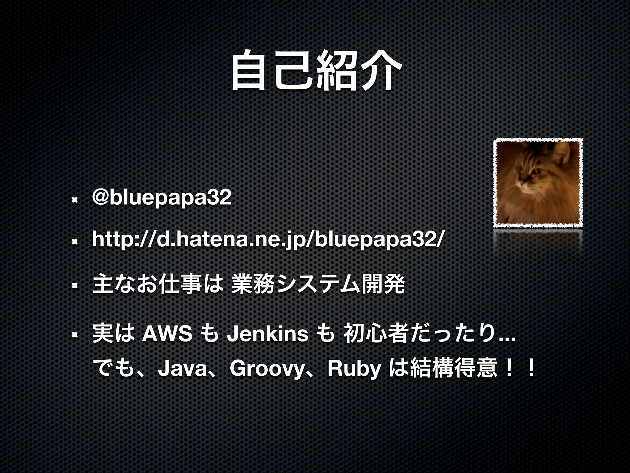 @bluepapa32
http://d.hatena.ne.jp/bluepapa32/



    AWS      Jenkins                ...
      Java   Groovy Ruby
 