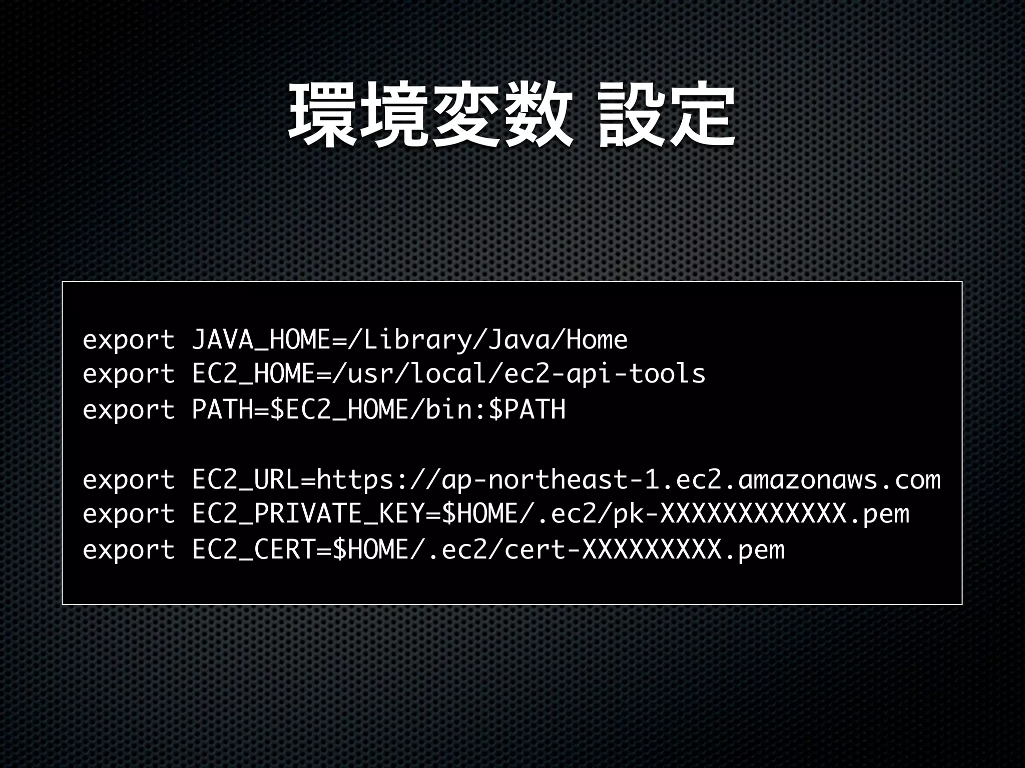 export JAVA_HOME=/Library/Java/Home
export EC2_HOME=/usr/local/ec2-api-tools
export PATH=$EC2_HOME/bin:$PATH

export EC2_URL=https://ap-northeast-1.ec2.amazonaws.com
export EC2_PRIVATE_KEY=$HOME/.ec2/pk-XXXXXXXXXXXX.pem
export EC2_CERT=$HOME/.ec2/cert-XXXXXXXXX.pem
 