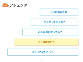 アジェンダ
17
S３って何だろう？
S３の仲間たち
みんな何に使ってる？
どうやって使うの？
S３のはじめ方
 
