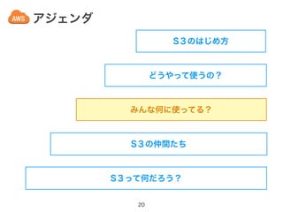 アジェンダ
20
S３って何だろう？
S３の仲間たち
みんな何に使ってる？
どうやって使うの？
S３のはじめ方
 