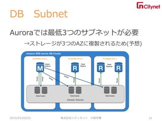 DB Subnet
Auroraでは最低3つのサブネットが必要
→ストレージが3つのAZに複製されるため(予想)
2015/03/22(日) 株式会社シティネット 大崎充博 21
 