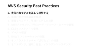 AWS Security Best Practices
1. 責任共有モデルを正しく理解する
2. 保護対象の情報資産の整理
3. 情報セキュリティ管理システムの設計
4. AWSアカウント、IAMユーザ・グループ・ロールの管理
5. EC2インスタンスの管理
6. データの保護
7. OSとアプリケーションの保護
8. インフラストラクチャ（VPCなど）の保護
9. モニタリング、通知、監査、インシデントレスポンス
 