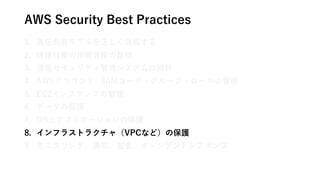 AWS Security Best Practices
1. 責任共有モデルを正しく理解する
2. 保護対象の情報資産の整理
3. 情報セキュリティ管理システムの設計
4. AWSアカウント、IAMユーザ・グループ・ロールの管理
5. EC2インスタンスの管理
6. データの保護
7. OSとアプリケーションの保護
8. インフラストラクチャ（VPCなど）の保護
9. モニタリング、通知、監査、インシデントレスポンス
 