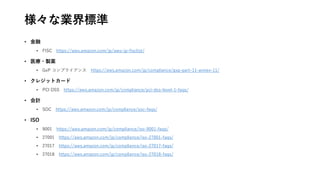 様々な業界標準
• 金融
• FISC https://aws.amazon.com/jp/aws-jp-fisclist/
• 医療・製薬
• GxP コンプライアンス https://aws.amazon.com/jp/compliance/gxp-part-11-annex-11/
• クレジットカード
• PCI DSS https://aws.amazon.com/jp/compliance/pci-dss-level-1-faqs/
• 会計
• SOC https://aws.amazon.com/jp/compliance/soc-faqs/
• ISO
• 9001 https://aws.amazon.com/jp/compliance/iso-9001-faqs/
• 27001 https://aws.amazon.com/jp/compliance/iso-27001-faqs/
• 27017 https://aws.amazon.com/jp/compliance/iso-27017-faqs/
• 27018 https://aws.amazon.com/jp/compliance/iso-27018-faqs/
 