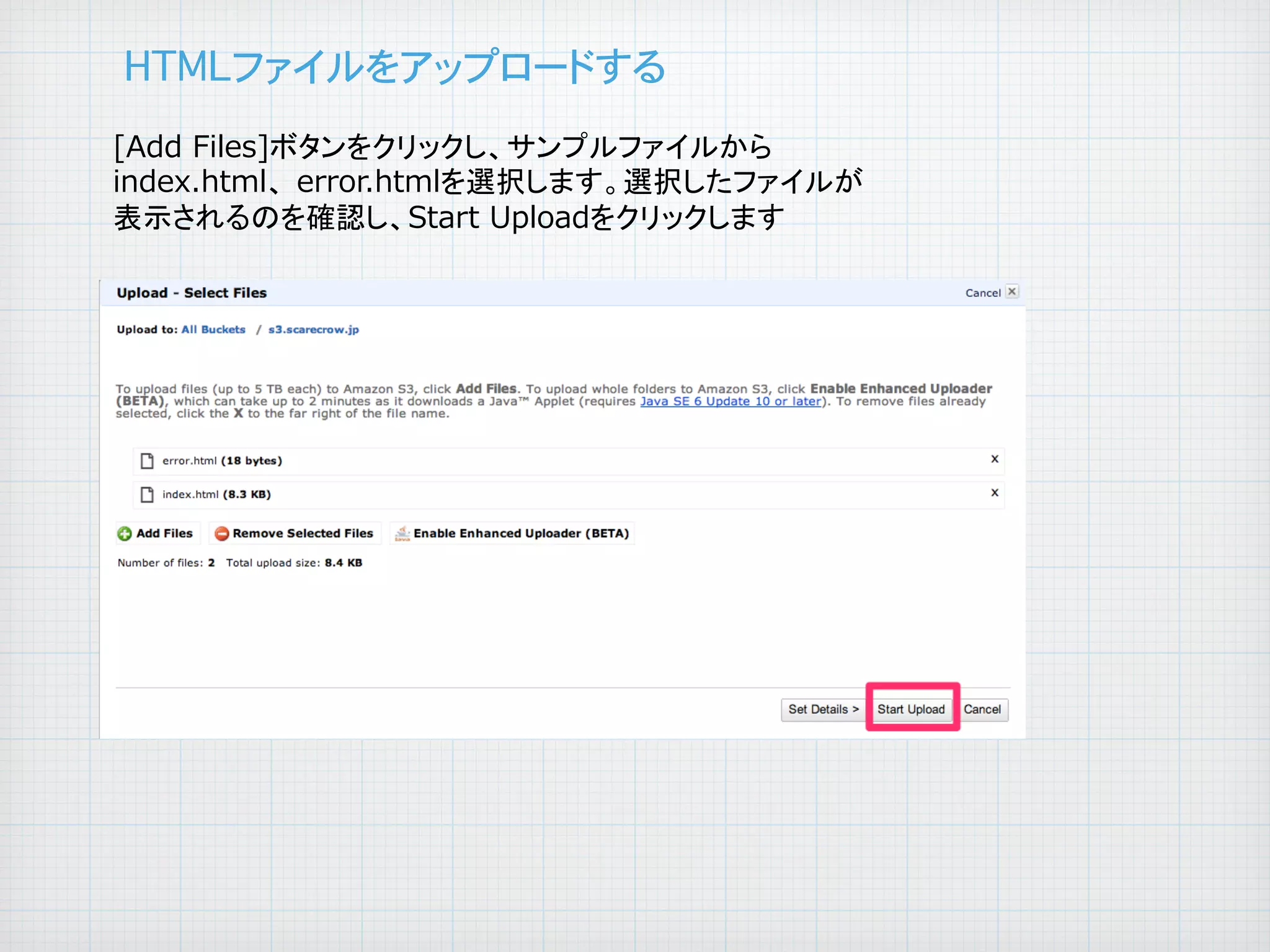 HTMLファイルをアップロードする�
[Add  Files]ボタンをクリックし、サンプルファイルから
index.html、  error.htmlを選択します。選択したファイルが
表示されるのを確認し、Start  Uploadをクリックします	

 