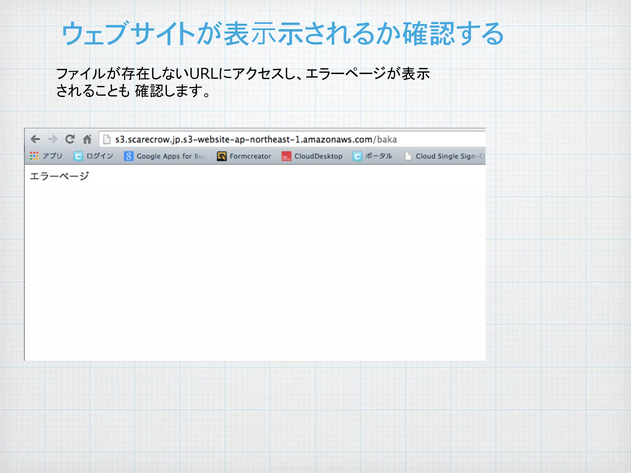 ウェブサイトが表示示されるか確認する
ファイルが存在しないURLにアクセスし、エラーページが表示
されることも 確認します。	

	

 