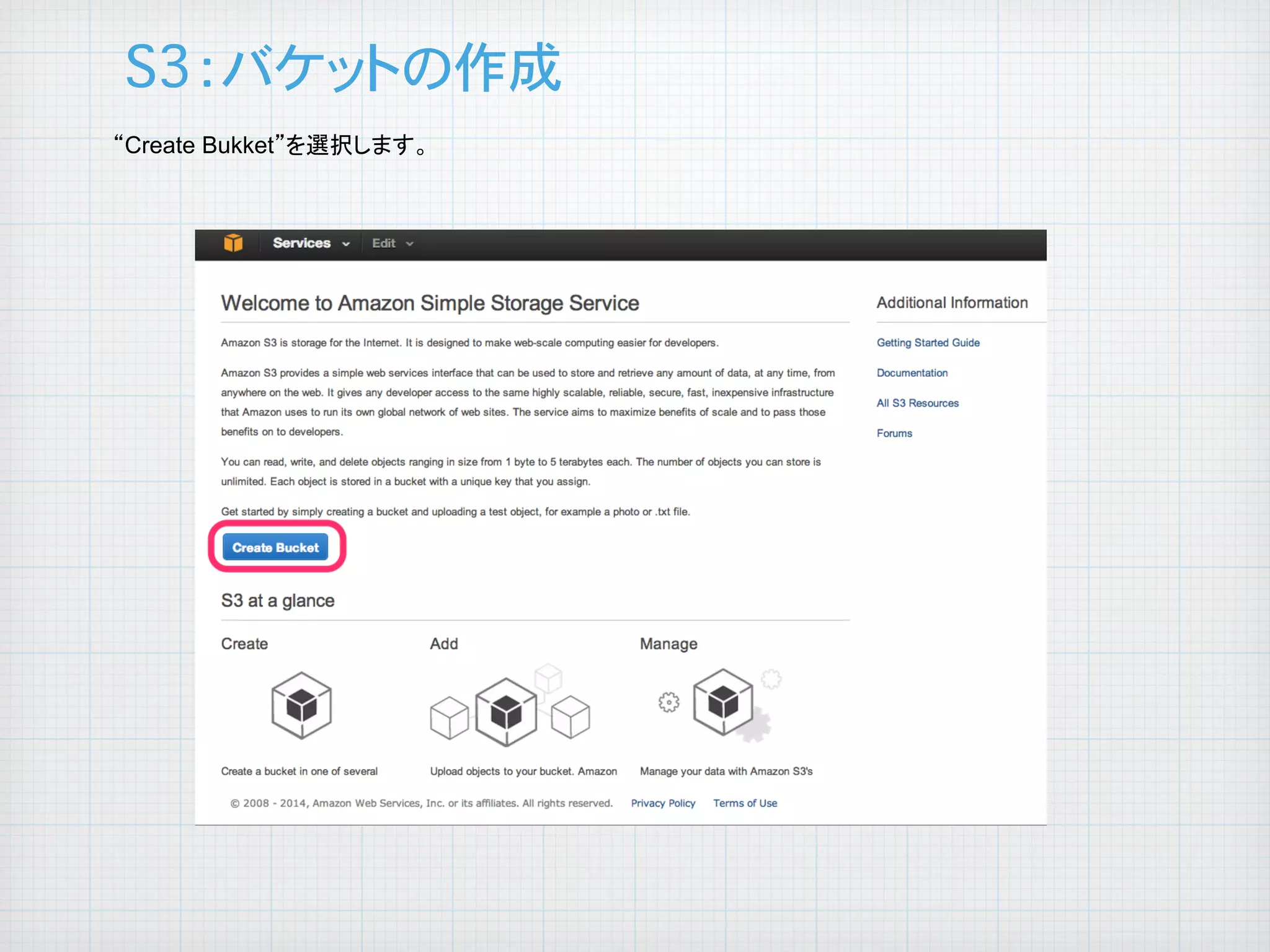S3：バケットの作成
“Create Bukket”を選択します。

	

	

 