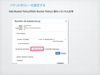 バケットポリシーを設定する�

	

Add  Bucket  PolicyがEdit  Bucket  Policyに変わっていたら正常

 