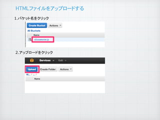 HTMLファイルをアップロードする�

	

1.バケット名をクリック

	

2.アップロードをクリック

 