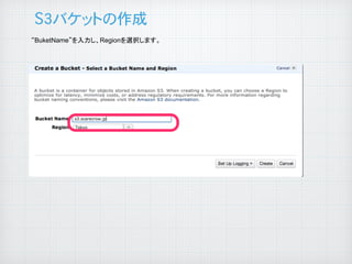 S3バケットの作成

	

“BuketName”を入力し、Regionを選択します。

	

 
