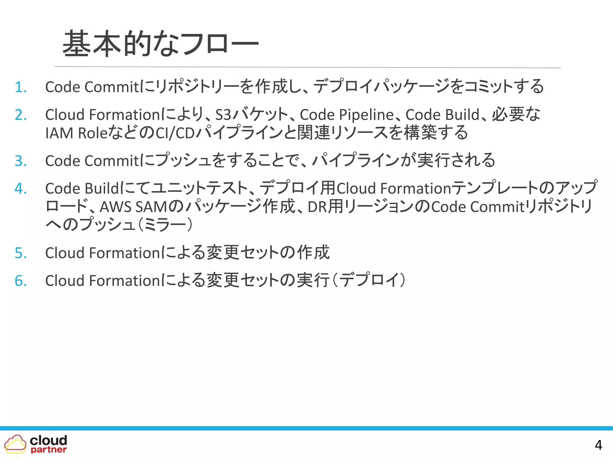 基本的なフロー
1. Code Commitにリポジトリーを作成し、デプロイパッケージをコミットする
2. Cloud Formationにより、S3バケット、Code Pipeline、Code Build、必要な
IAM RoleなどのCI/CDパイプラインと関連リソースを構築する
3. Code Commitにプッシュをすることで、パイプラインが実行される
4. Code Buildにてユニットテスト、デプロイ用Cloud Formationテンプレートのアップ
ロード、AWS SAMのパッケージ作成、DR用リージョンのCode Commitリポジトリ
へのプッシュ（ミラー）
5. Cloud Formationによる変更セットの作成
6. Cloud Formationによる変更セットの実行（デプロイ）
4
 