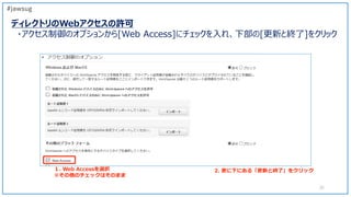 ディレクトリのWebアクセスの許可
・アクセス制御のオプションから[Web Access]にチェックを入れ、下部の[更新と終了]をクリック
35
#jawsug
１. Web Accessを選択
※その他のチェックはそのまま
2. 更に下にある...
