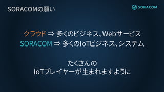 SORACOMの願い
クラウド ⇒ 多くのビジネス、Webサービス
SORACOM ⇒ 多くのIoTビジネス、システム
たくさんの
IoTプレイヤーが生まれますように
 