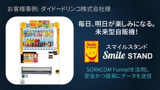 お客様事例: ダイドードリンコ株式会社様
SORACOM Funnelを活用し
安全かつ容易にデータを送信
毎日、明日が楽しみになる。
未来型自販機！
 