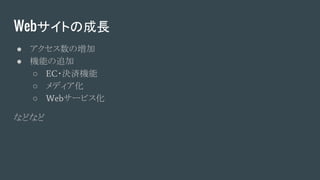 Webサイトの成長
● アクセス数の増加
● 機能の追加
○ EC・決済機能
○ メディア化
○ Webサービス化
などなど
 
