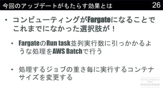 26今回のアップデートがもたらす効果とは
• コンピューティングがFargateになることで
これまでになかった選択肢が！
• FargateのRun task並列実行数に引っかかるよ
うな処理をAWS Batchで行う
• 処理するジョブの重さ毎に実行するコンテナ
サイズを変更する
 