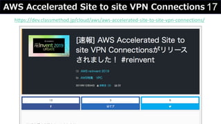 17AWS Accelerated Site to site VPN Connections
https://dev.classmethod.jp/cloud/aws/aws-accelerated-site-to-site-vpn-connections/
 