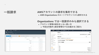 һՈ AWSȤՈ򼯼sǤ
? AWS Organizations Υ`ȥȤՈ󤵤
Organizations ǤһՈΤߤxkǤ
? ȹνyϤ򤷤ʤʹ
? ؤό (yϹ򤹤˽Mߤ򤴽B)
Classified as Confidential by Japan Digital Design, Inc.
12
 